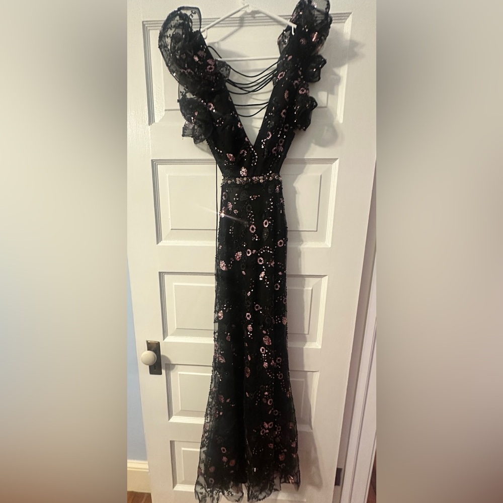 Mac Duggal Sequin Gown – Black & Pink Floral Embellishments –